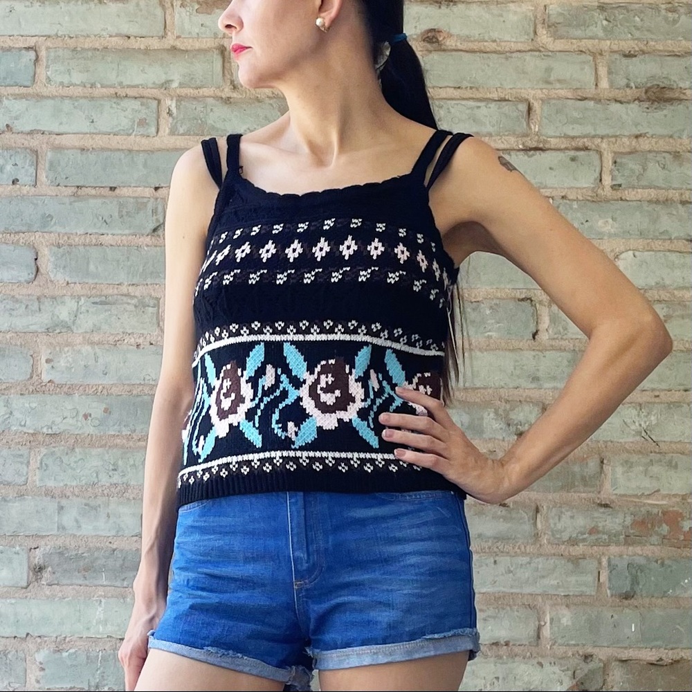 Knit Tank Top Black Floral Sleeveless Sweater Pointelle Over Kleshas NWT